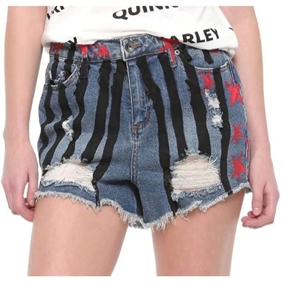 Birds of Prey Harley Quinn NWT Destructed Shorts Hi-Rise  Striped Denim Size 7 - Picture 5 of 10